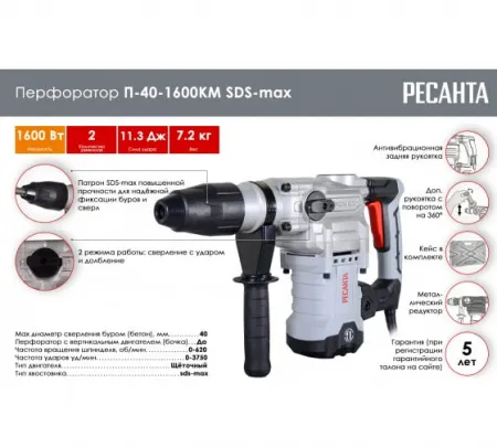 Перфоратор Ресанта П-40-1600КМ SDS-Max