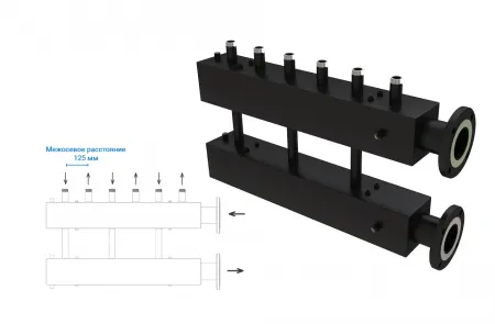 Распределительный коллектор 8 отопительных контуров с гидравлической стрелкой Askon С 40F/125/65/8D-120х120 (с накидными гайками) Распределительный коллектор 8 отопительных контуров с гидравлической стрелкой Askon С 40F/125/65/8D-120х120 (с накидными гайками)