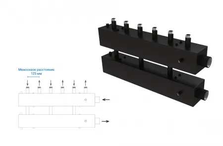 Распределительный коллектор 5 отопительных контуров с гидравлической стрелкой Askon П 25М/125/50/5D-120х120 Распределительный коллектор 5 отопительных контуров с гидравлической стрелкой Askon П 25М/125/50/5D-120х120