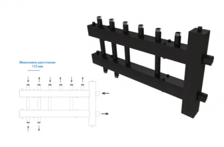 Распределительный коллектор 7 (6+1) отопительных контуров с гидравлической стрелкой Askon 25М/125/50/6+1D с ГРТК Распределительный коллектор 7 (6+1) отопительных контуров с гидравлической стрелкой Askon 25М/125/50/6+1D с ГРТК