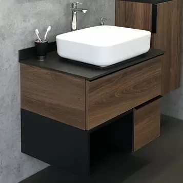 Мебель для ванной Comforty Штутгарт 75, дуб тёмно-коричневый, с черной столешницей