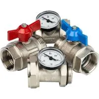 Комплект прямых шаровых кранов с термометрами Stout (2 шаровых крана, 2 вставки с термометрами) Комплект прямых шаровых кранов с термометрами Stout (2 шаровых крана, 2 вставки с термометрами)